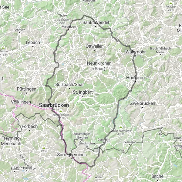 Miniature de la carte de l'inspiration cycliste "Balade à vélo entre Sarreguemines et Sarreinsming" dans la Lorraine, France. Générée par le planificateur d'itinéraire cycliste Tarmacs.app