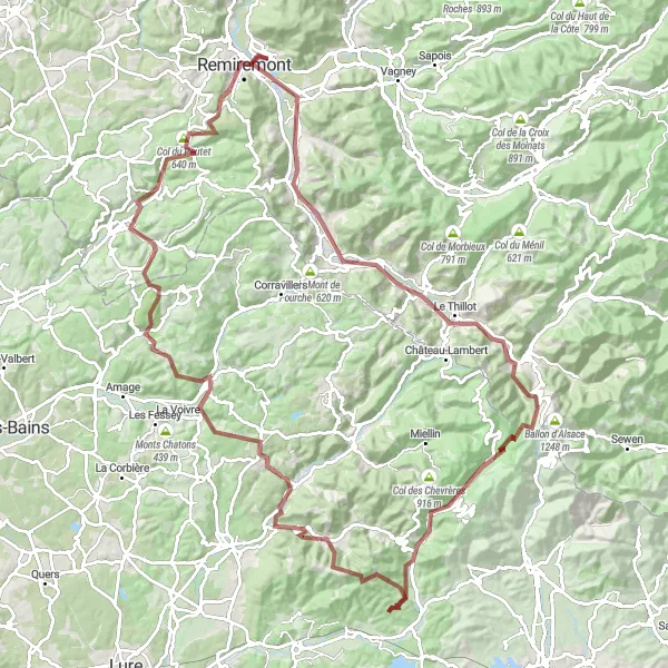 Miniature de la carte de l'inspiration cycliste "Tour de la Vallée de Moselle et Cascade de Faymont" dans la Lorraine, France. Générée par le planificateur d'itinéraire cycliste Tarmacs.app