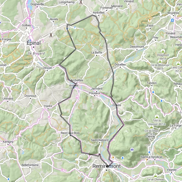 Miniature de la carte de l'inspiration cycliste "Escapade Vosgienne" dans la Lorraine, France. Générée par le planificateur d'itinéraire cycliste Tarmacs.app