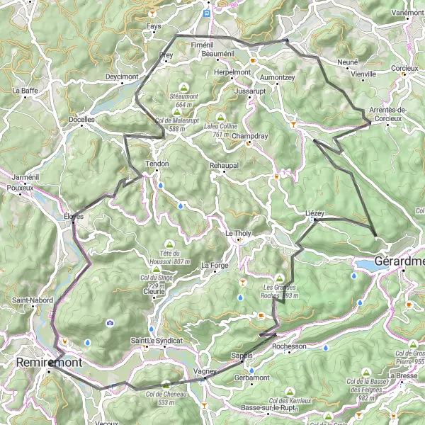 Map miniature of "Spectacular Challenge of Col de la Bijoire" cycling inspiration in Lorraine, France. Generated by Tarmacs.app cycling route planner