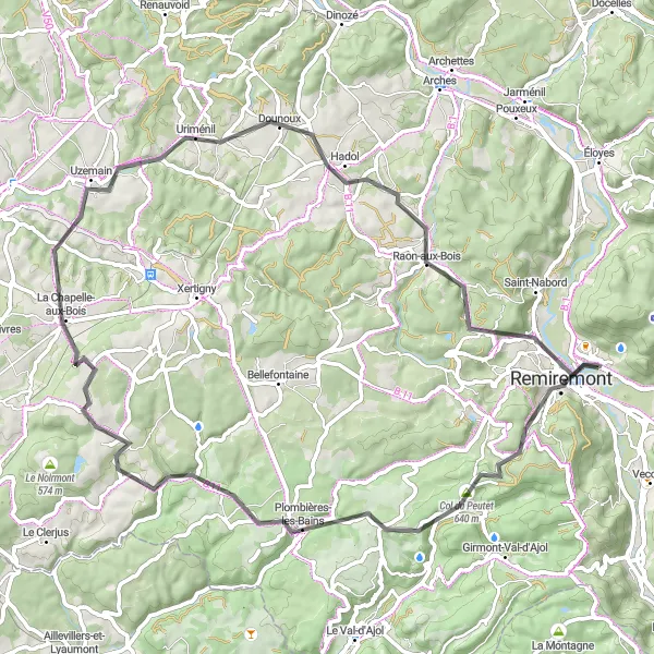 Map miniature of "Challenging Hills of Remiremont" cycling inspiration in Lorraine, France. Generated by Tarmacs.app cycling route planner