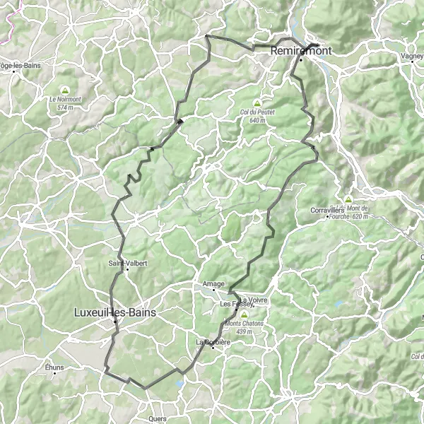Map miniature of "Scenic Adventure to Luxeuil-les-Bains" cycling inspiration in Lorraine, France. Generated by Tarmacs.app cycling route planner