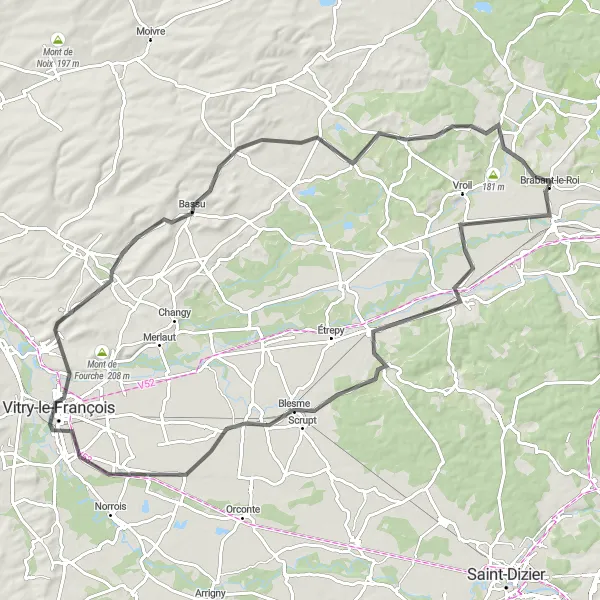 Map miniature of "The Ornain Valley Adventure" cycling inspiration in Lorraine, France. Generated by Tarmacs.app cycling route planner