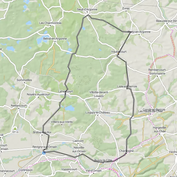 Map miniature of "Scenic Road Loop around Revigny-sur-Ornain" cycling inspiration in Lorraine, France. Generated by Tarmacs.app cycling route planner