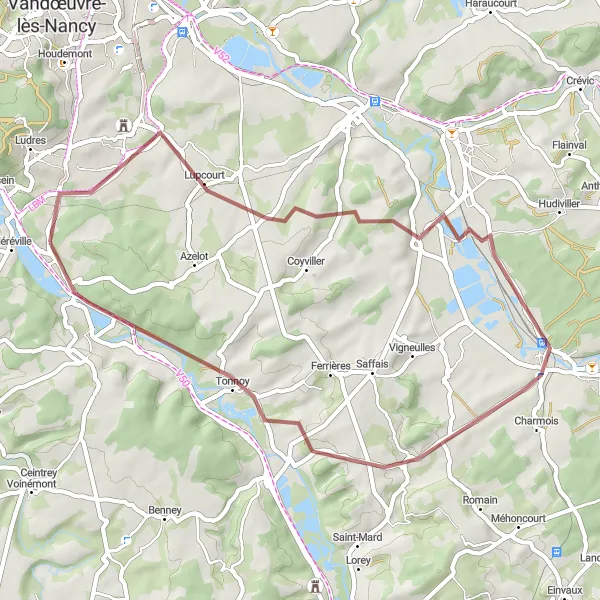 Miniature de la carte de l'inspiration cycliste "Les vallées de Nancy" dans la Lorraine, France. Générée par le planificateur d'itinéraire cycliste Tarmacs.app