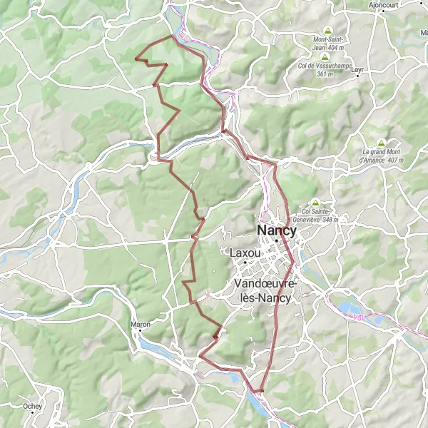 Map miniature of "Messein to Nancy Gravel Adventure" cycling inspiration in Lorraine, France. Generated by Tarmacs.app cycling route planner