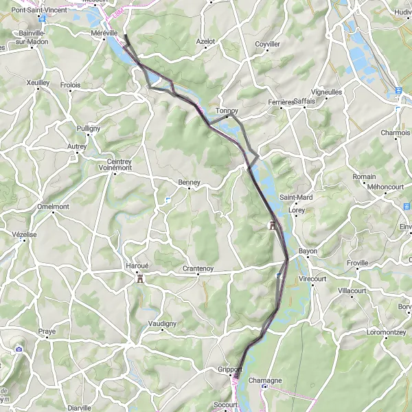 Map miniature of "Crévéchamps to Flavigny-sur-Moselle Road Tour" cycling inspiration in Lorraine, France. Generated by Tarmacs.app cycling route planner