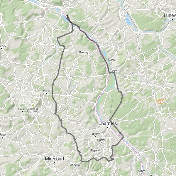 Miniature de la carte de l'inspiration cycliste "Parcours pittoresque de 95 km autour de Richardménil" dans la Lorraine, France. Générée par le planificateur d'itinéraire cycliste Tarmacs.app