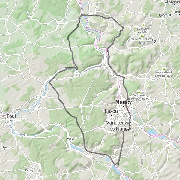 Map miniature of "Chaligny to Houdemont Road Tour" cycling inspiration in Lorraine, France. Generated by Tarmacs.app cycling route planner