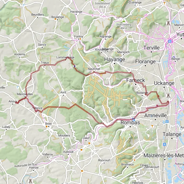 Map miniature of "The Gravel Tour" cycling inspiration in Lorraine, France. Generated by Tarmacs.app cycling route planner