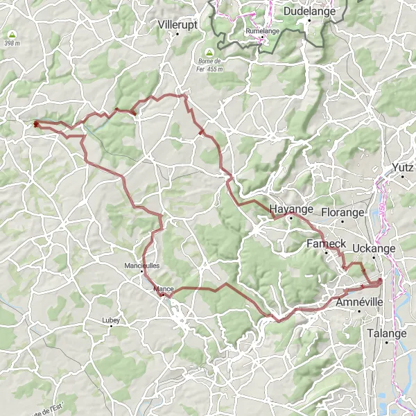Miniature de la carte de l'inspiration cycliste "Boucle des Villages de la Vallée Mosellane" dans la Lorraine, France. Générée par le planificateur d'itinéraire cycliste Tarmacs.app