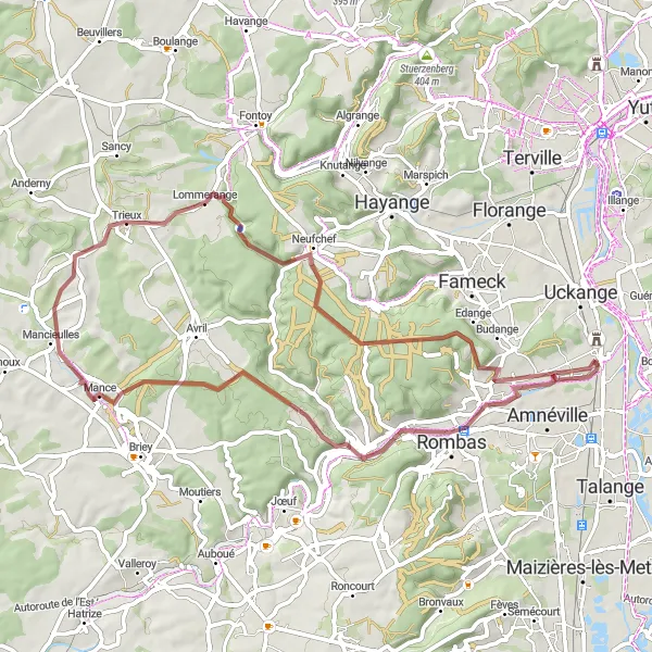 Map miniature of "Gandrange Gravel Adventure" cycling inspiration in Lorraine, France. Generated by Tarmacs.app cycling route planner