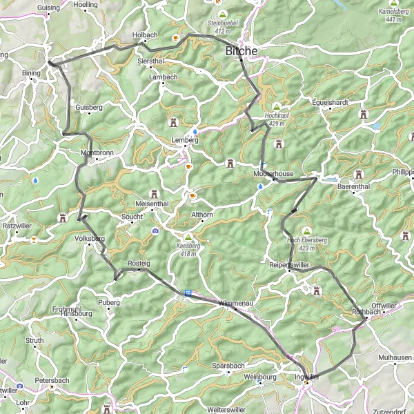 Map miniature of "The Great Bitche Ride" cycling inspiration in Lorraine, France. Generated by Tarmacs.app cycling route planner