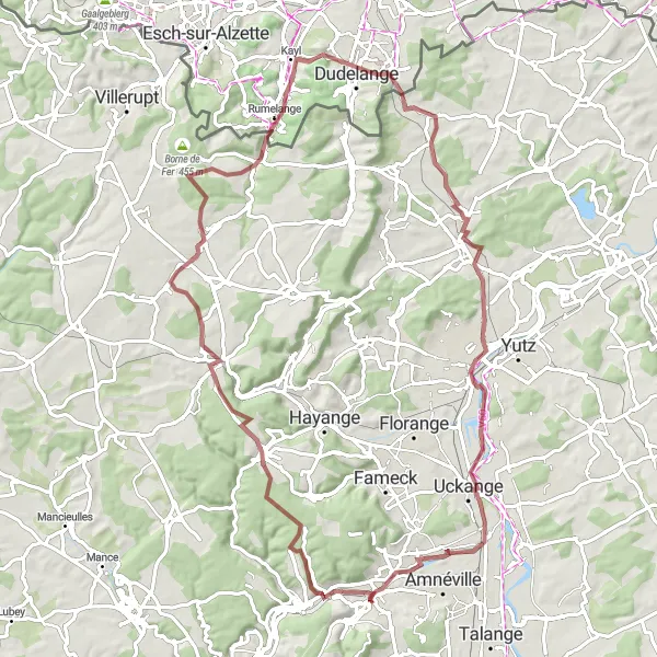 Map miniature of "Gravel Adventure to Thionville" cycling inspiration in Lorraine, France. Generated by Tarmacs.app cycling route planner