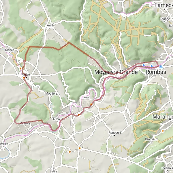 Map miniature of "Around Auboué: Exploring the Gravel Paths" cycling inspiration in Lorraine, France. Generated by Tarmacs.app cycling route planner
