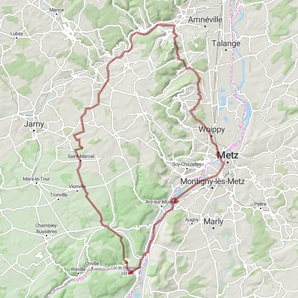 Miniature de la carte de l'inspiration cycliste "Le circuit des vallées de Metz en gravier" dans la Lorraine, France. Générée par le planificateur d'itinéraire cycliste Tarmacs.app