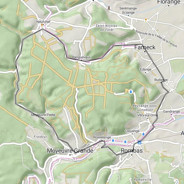Map miniature of "Moyeuvre-Grande Route" cycling inspiration in Lorraine, France. Generated by Tarmacs.app cycling route planner