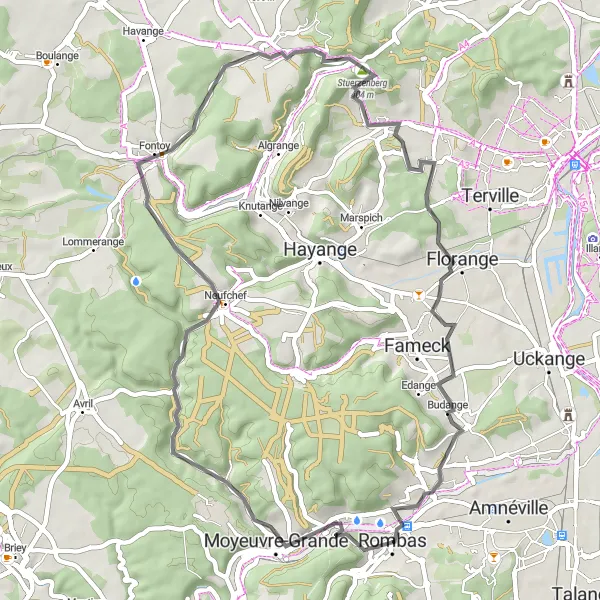 Map miniature of "Cruise to Angevillers: A Scenic Road Cycling Route" cycling inspiration in Lorraine, France. Generated by Tarmacs.app cycling route planner