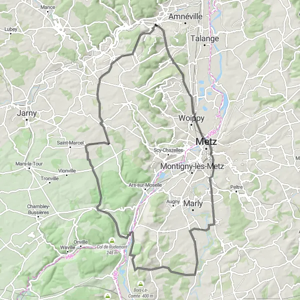 Map miniature of "A Journey Through the Moselle Valley" cycling inspiration in Lorraine, France. Generated by Tarmacs.app cycling route planner