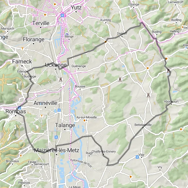 Map miniature of "Distroff Explorer" cycling inspiration in Lorraine, France. Generated by Tarmacs.app cycling route planner