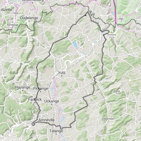 Miniature de la carte de l'inspiration cycliste "Boucle de Florange et Rodemack" dans la Lorraine, France. Générée par le planificateur d'itinéraire cycliste Tarmacs.app