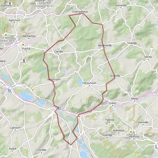 Miniature de la carte de l'inspiration cycliste "Sentier des Collines de Lorraine" dans la Lorraine, France. Générée par le planificateur d'itinéraire cycliste Tarmacs.app