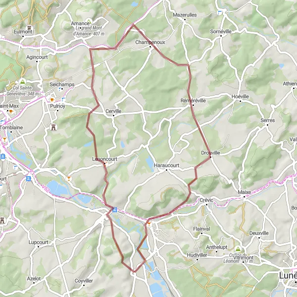 Miniature de la carte de l'inspiration cycliste "Exploration Gravel dans la Vallée de Meurthe" dans la Lorraine, France. Générée par le planificateur d'itinéraire cycliste Tarmacs.app