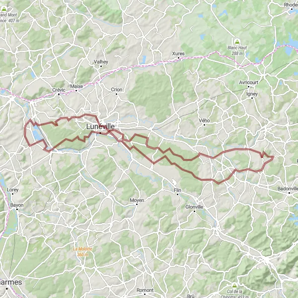 Map miniature of "Valley meadows and forest trails" cycling inspiration in Lorraine, France. Generated by Tarmacs.app cycling route planner