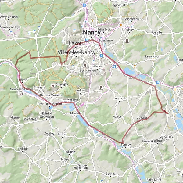 Miniature de la carte de l'inspiration cycliste "Aventure Gravel autour de Nancy" dans la Lorraine, France. Générée par le planificateur d'itinéraire cycliste Tarmacs.app