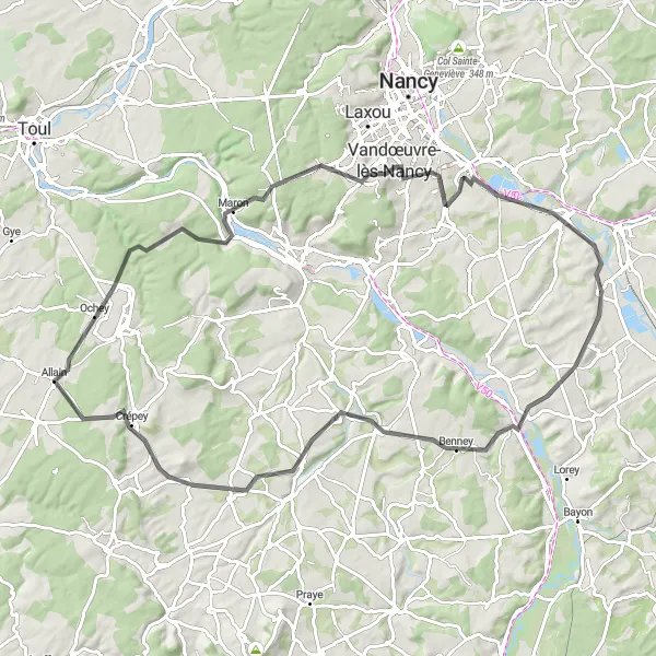 Map miniature of "The Nancy Loop Road Cycling Adventure" cycling inspiration in Lorraine, France. Generated by Tarmacs.app cycling route planner