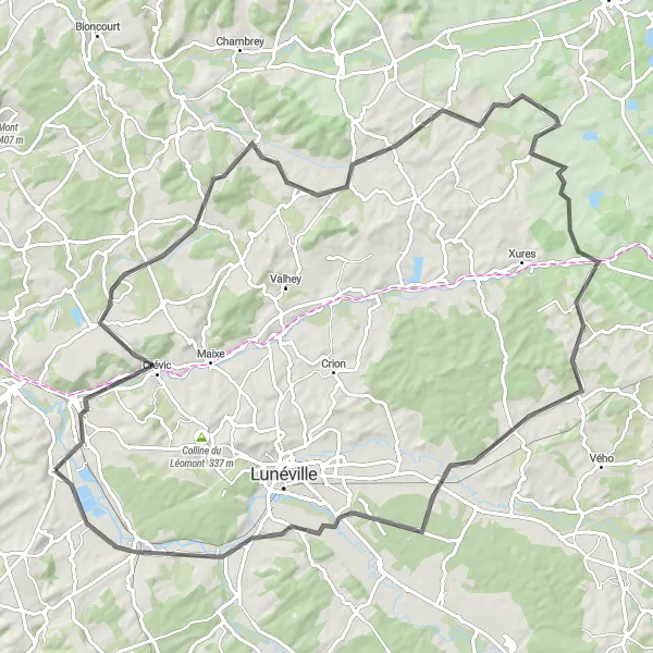 Map miniature of "Nancy Triangle" cycling inspiration in Lorraine, France. Generated by Tarmacs.app cycling route planner