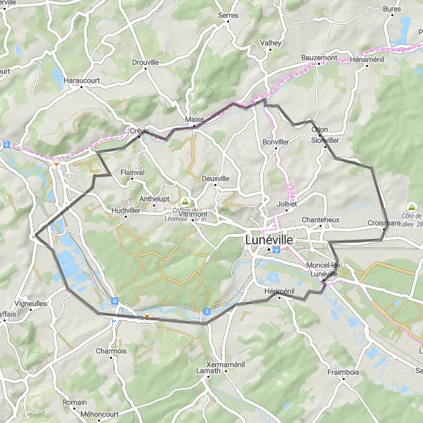 Miniature de la carte de l'inspiration cycliste "Balade Pittoresque de Lorraine" dans la Lorraine, France. Générée par le planificateur d'itinéraire cycliste Tarmacs.app