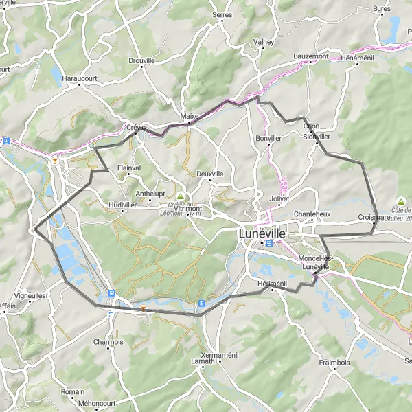 Map miniature of "The Countryside Escape" cycling inspiration in Lorraine, France. Generated by Tarmacs.app cycling route planner