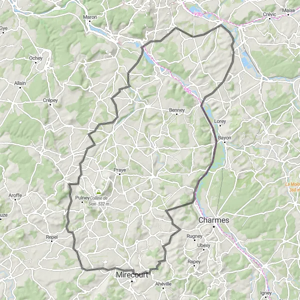 Miniature de la carte de l'inspiration cycliste "Le Tour de la Moselle" dans la Lorraine, France. Générée par le planificateur d'itinéraire cycliste Tarmacs.app