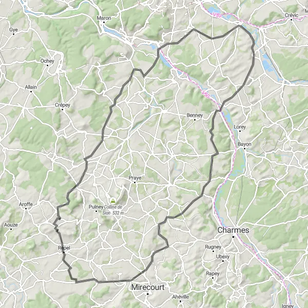 Miniature de la carte de l'inspiration cycliste "Le Circuit des Collines" dans la Lorraine, France. Générée par le planificateur d'itinéraire cycliste Tarmacs.app