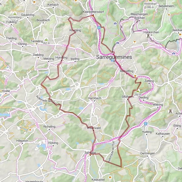Miniature de la carte de l'inspiration cycliste "Les forêts de Sarre" dans la Lorraine, France. Générée par le planificateur d'itinéraire cycliste Tarmacs.app