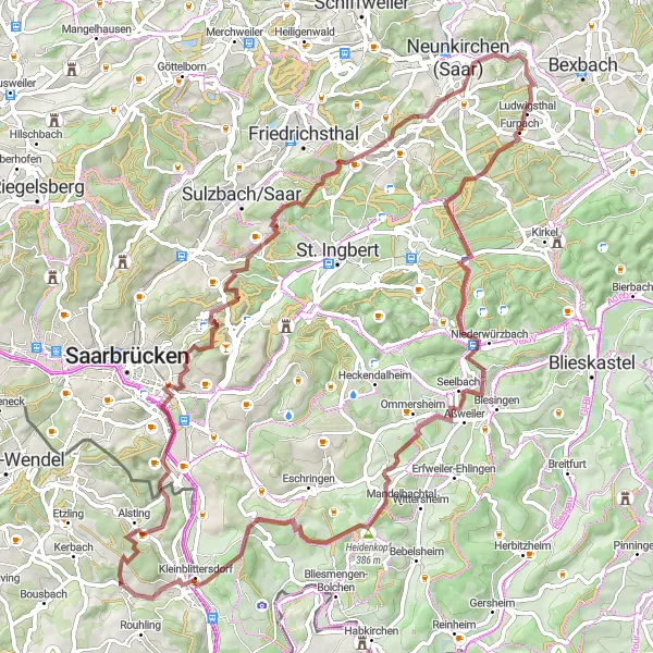 Map miniature of "Rouhling and its Surroundings" cycling inspiration in Lorraine, France. Generated by Tarmacs.app cycling route planner