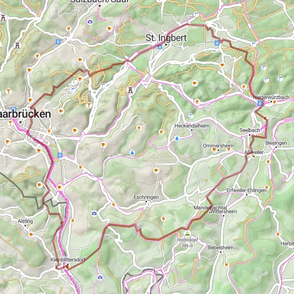 Map miniature of "The Gravel Adventure around Rouhling" cycling inspiration in Lorraine, France. Generated by Tarmacs.app cycling route planner