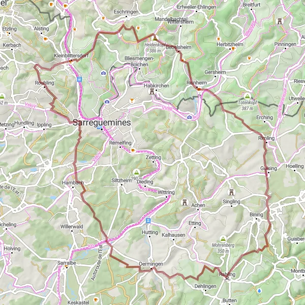 Map miniature of "Gravel Route through the Hills of Lorraine" cycling inspiration in Lorraine, France. Generated by Tarmacs.app cycling route planner