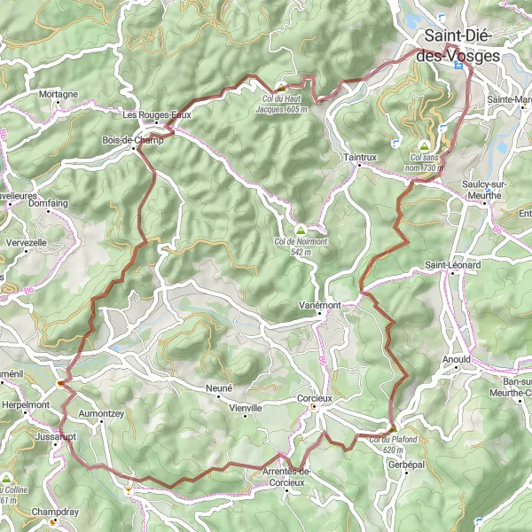 Miniature de la carte de l'inspiration cycliste "Les Montagnes des Vosges en Gravel" dans la Lorraine, France. Générée par le planificateur d'itinéraire cycliste Tarmacs.app