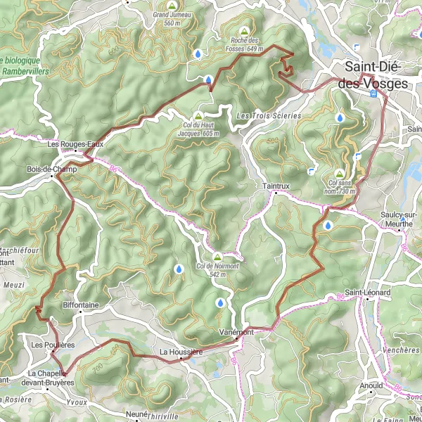 Map miniature of "Exploring the Gravel Roads of Vosges" cycling inspiration in Lorraine, France. Generated by Tarmacs.app cycling route planner