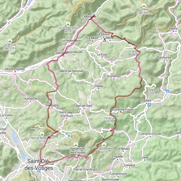 Miniature de la carte de l'inspiration cycliste "Parcours Gravel autour de Saint-Dié-des-Vosges" dans la Lorraine, France. Générée par le planificateur d'itinéraire cycliste Tarmacs.app