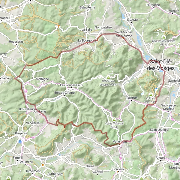 Miniature de la carte de l'inspiration cycliste "La Boucle des Forêts Vosgiennes" dans la Lorraine, France. Générée par le planificateur d'itinéraire cycliste Tarmacs.app