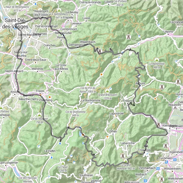 Miniature de la carte de l'inspiration cycliste "Défi des Cols Vosgiens" dans la Lorraine, France. Générée par le planificateur d'itinéraire cycliste Tarmacs.app