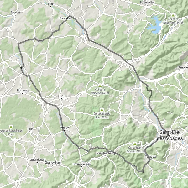 Miniature de la carte de l'inspiration cycliste "Parcours Route à travers les Vosges" dans la Lorraine, France. Générée par le planificateur d'itinéraire cycliste Tarmacs.app
