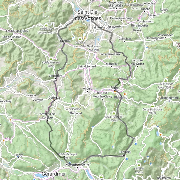 Miniature de la carte de l'inspiration cycliste "La Route des Vallées Vosgiennes" dans la Lorraine, France. Générée par le planificateur d'itinéraire cycliste Tarmacs.app