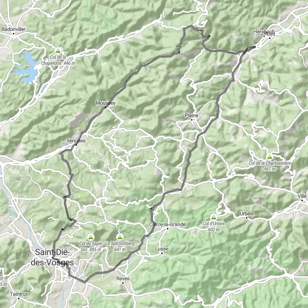 Map miniature of "Through the Vosges to Saint-Dié" cycling inspiration in Lorraine, France. Generated by Tarmacs.app cycling route planner