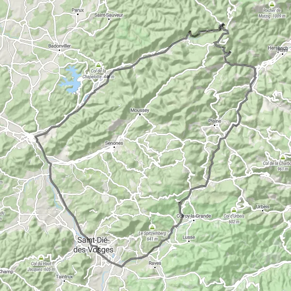Miniature de la carte de l'inspiration cycliste "La boucle épique des Vosges" dans la Lorraine, France. Générée par le planificateur d'itinéraire cycliste Tarmacs.app