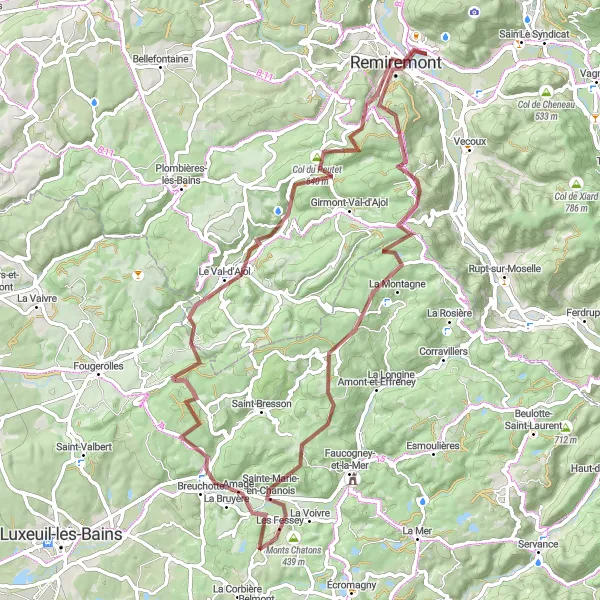 Miniature de la carte de l'inspiration cycliste "Boucle de gravel autour de Saint-Étienne-lès-Remiremont" dans la Lorraine, France. Générée par le planificateur d'itinéraire cycliste Tarmacs.app