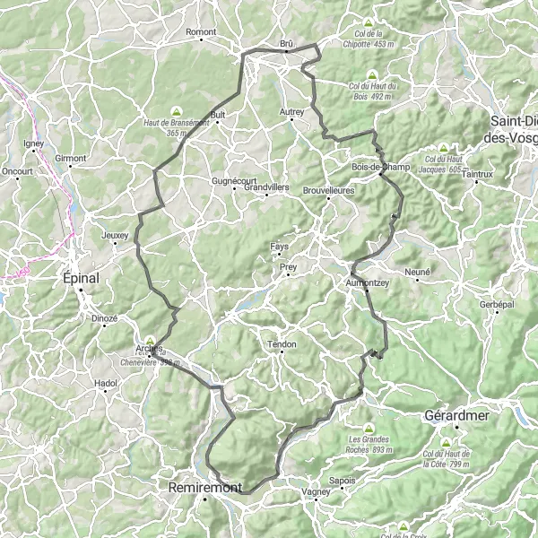 Map miniature of "Mountain Delights" cycling inspiration in Lorraine, France. Generated by Tarmacs.app cycling route planner